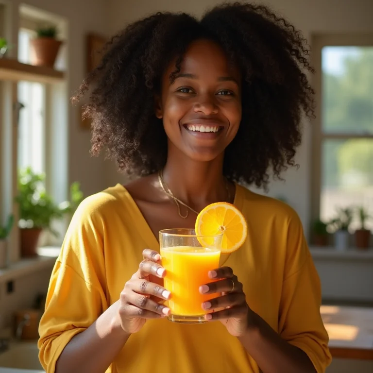 Mulher negra sorrindo tomando suco de laranja