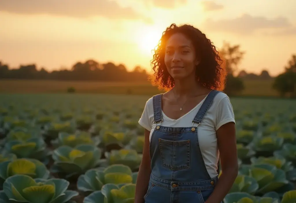 Mulher observando plantação de repolho no campo ao entardecer