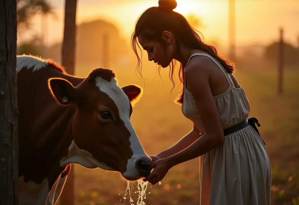 Mulher ordenhando vaca manualmente em sítio no Brasil.