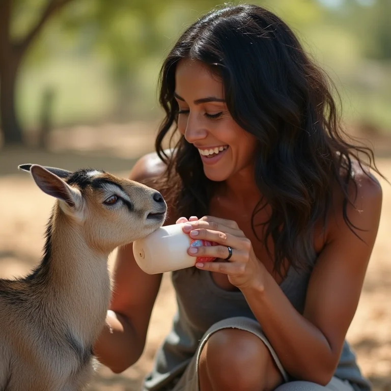 Mulher parda brasileira alimentando cabrito Anglo Nubiano em fazenda ensolarada.