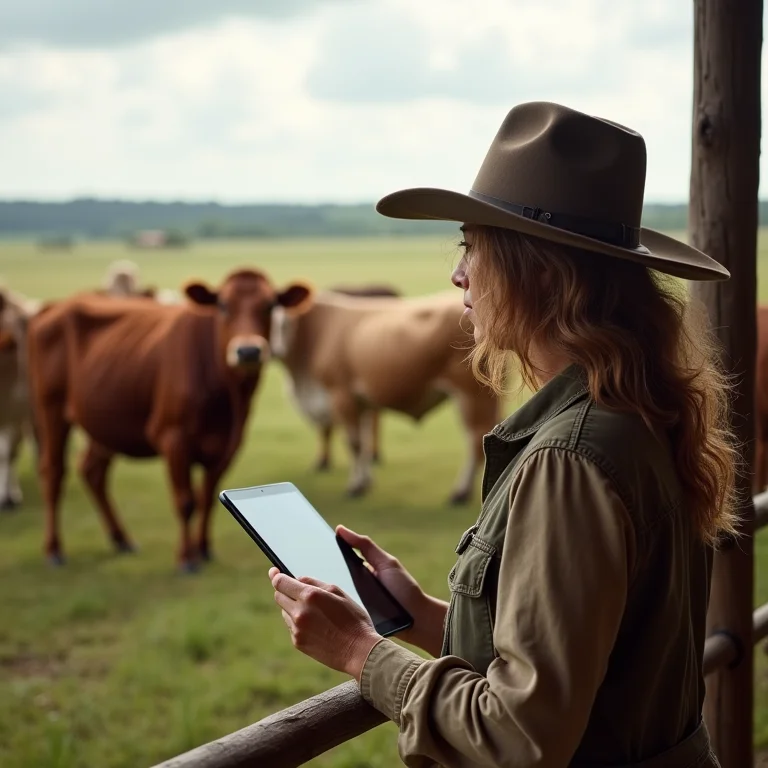 Mulher parda observando gado de cruzamento industrial
