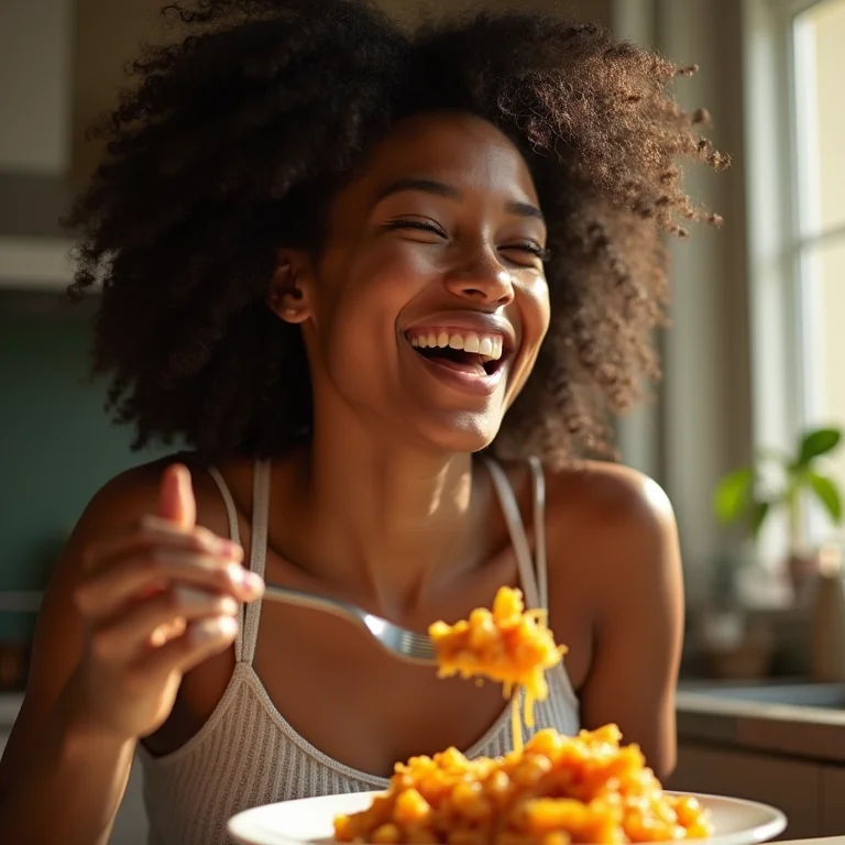 Mulher parda saboreando frango com quiabo