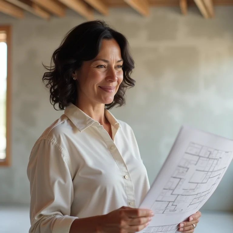 Mulher planejando o espaço de um quarto rústico.
