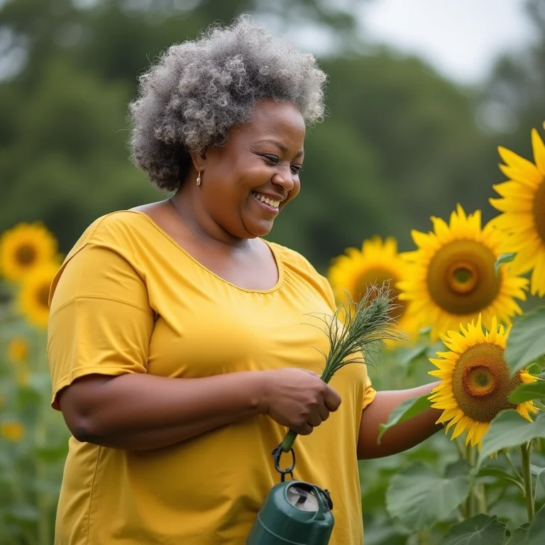 Mulher plus-size cuidando de girassóis no jardim.