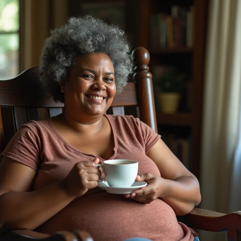 Mulher plus-size relaxando em cadeira de balanço rústica com xícara de chá.