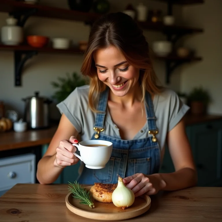 Mulher preparando chá de cebola na cozinha.