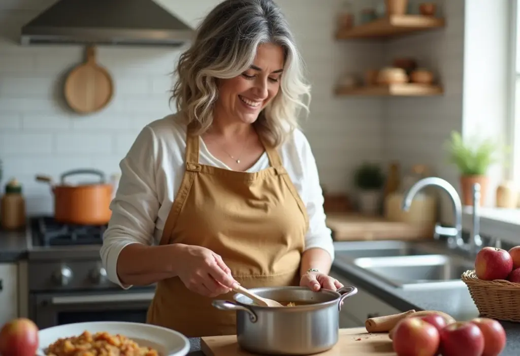 Mulher preparando compota de maçã caseira