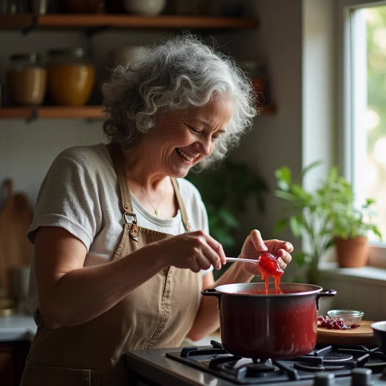 Mulher preparando geleia caseira com controle de ingredientes.