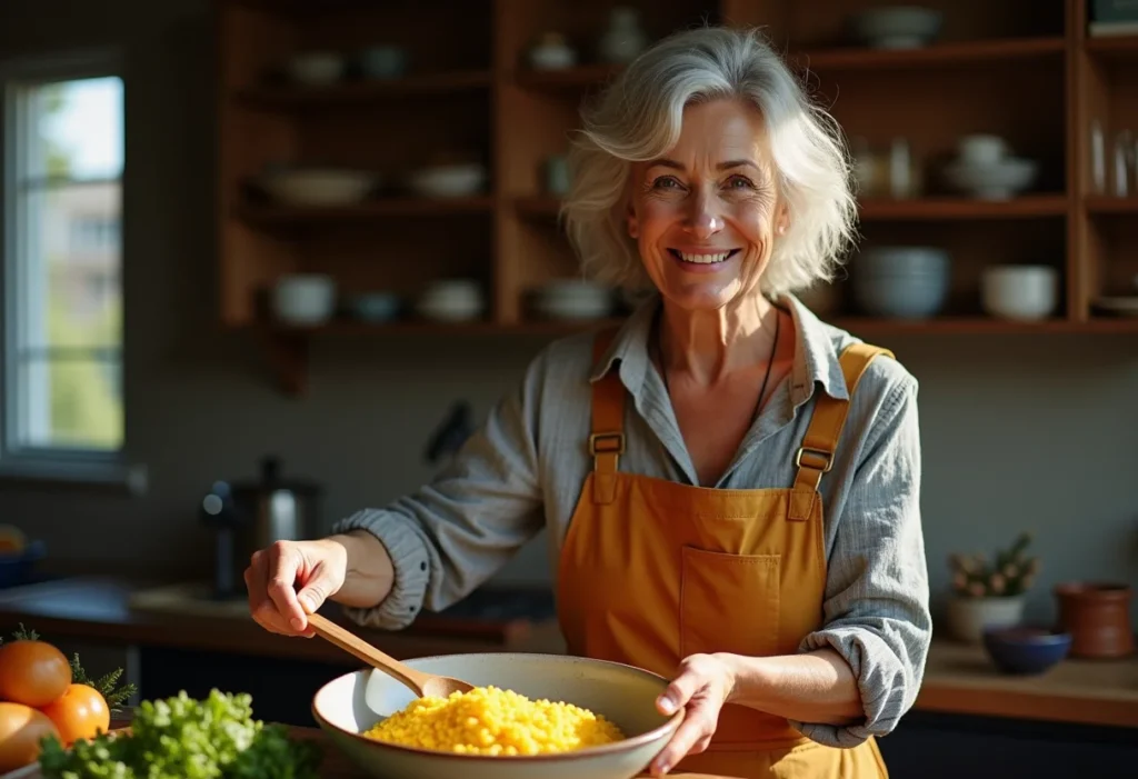 Mulher preparando polenta com couve em cozinha ensolarada.