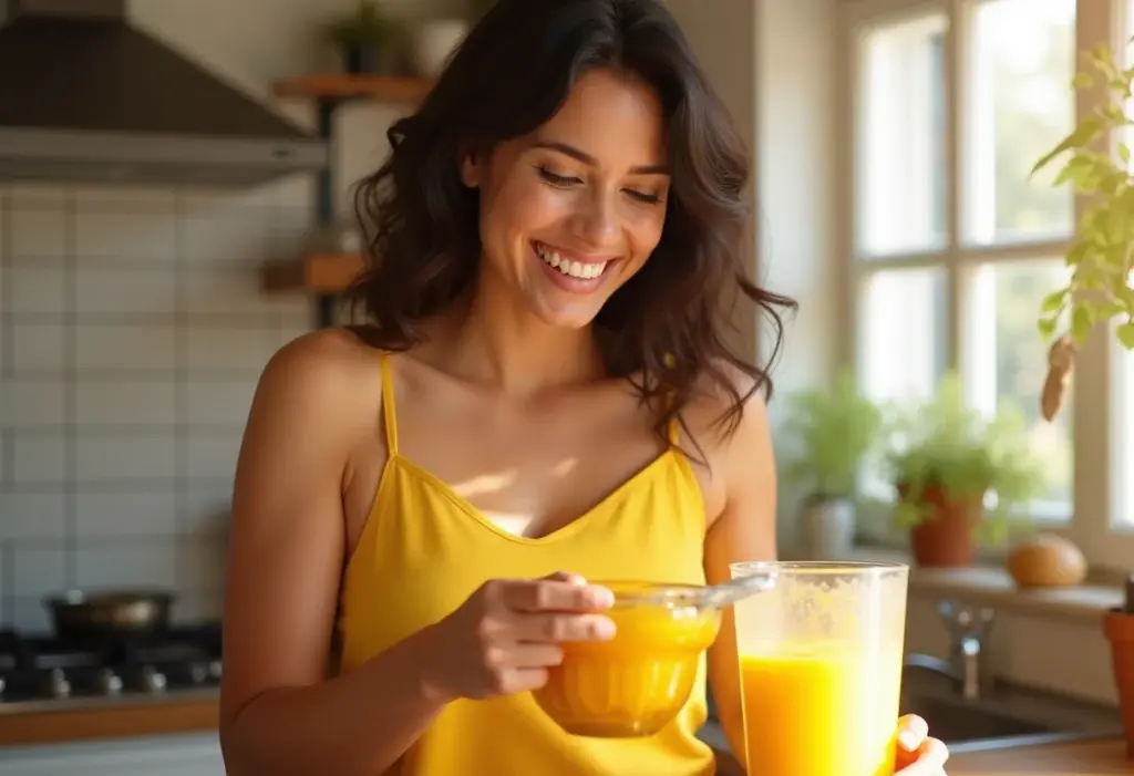 Mulher preparando sorvete de manga caseiro