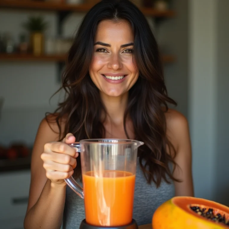 Mulher preparando suco de mamão com ameixa