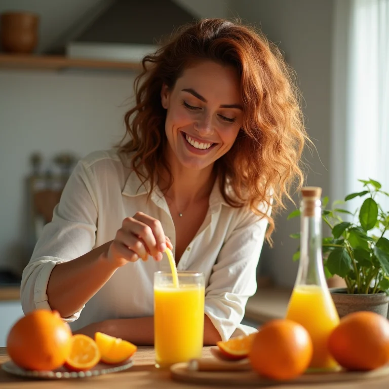 Mulher preparando suco de manga com laranja em cozinha moderna.