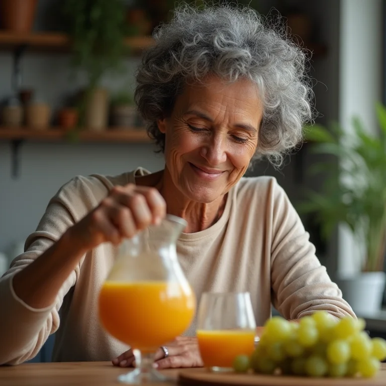 Mulher preparando suco de uva com gengibre.