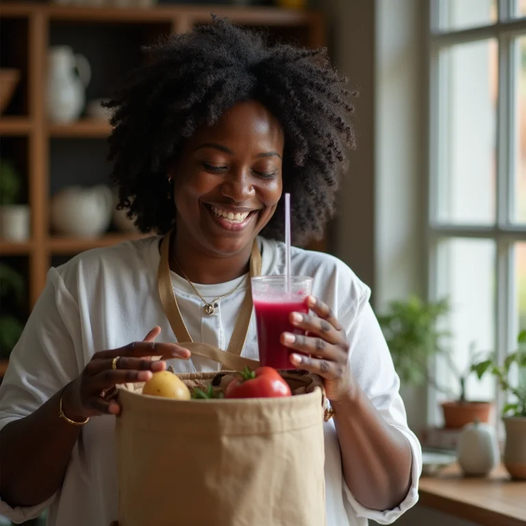 Mulher preparando suco de uva para levar ao trabalho.