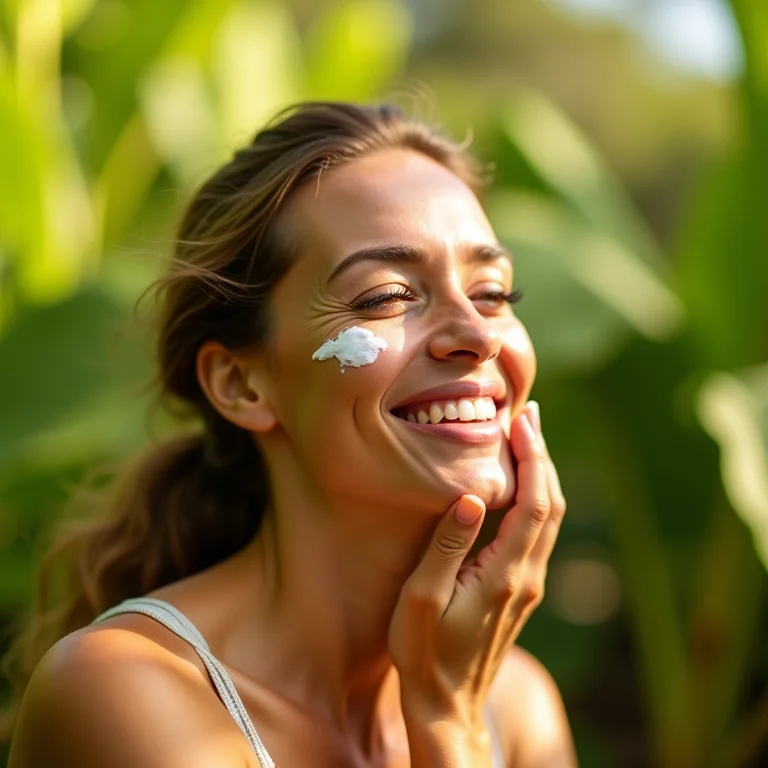 Mulher radiante aplicando creme de cupuaçu no rosto em um jardim ensolarado.