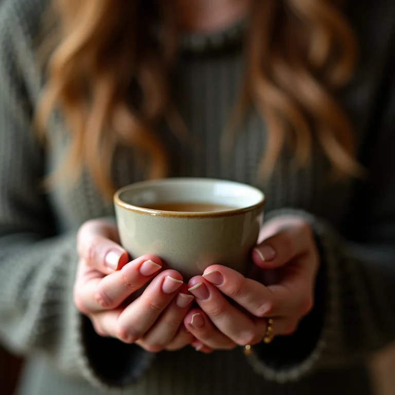 Mulher relaxada segurando xícara de chá de erva-doce com laranja.