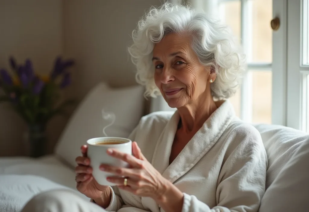 Mulher relaxando com chá de camomila e lavanda