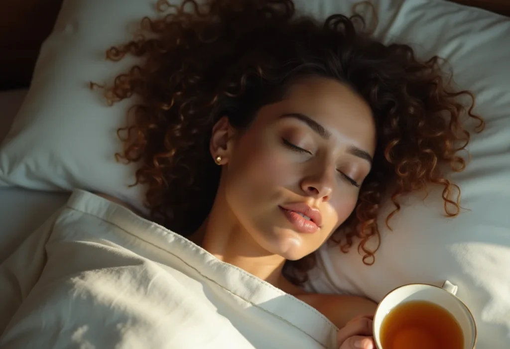 Mulher relaxando com chá de endro antes de dormir