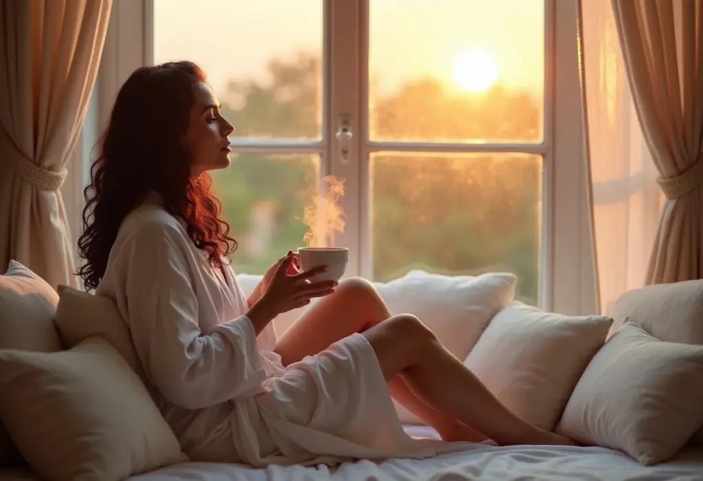 Chá de Lavanda: O segredo para noites tranquilas e sem stress Mulher relaxando com chá de lavanda ao amanhecer