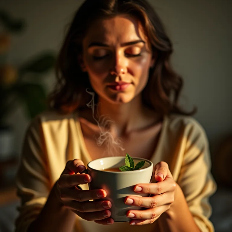 Mulher relaxando com chá de maçã e hortelã