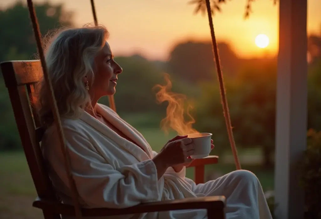 Mulher relaxando com chá de maracujá ao entardecer