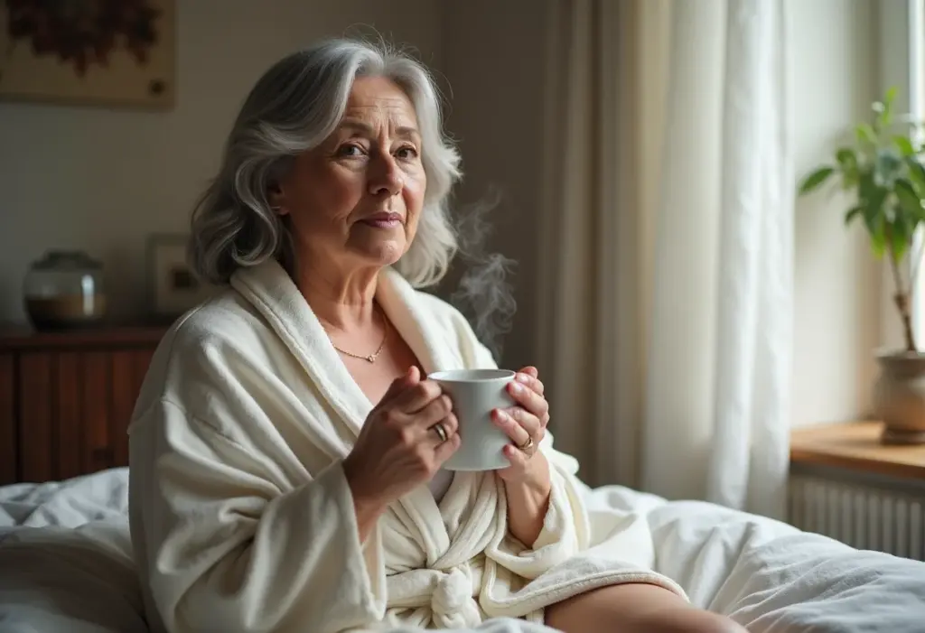 Mulher relaxando com chá de noz moscada antes de dormir