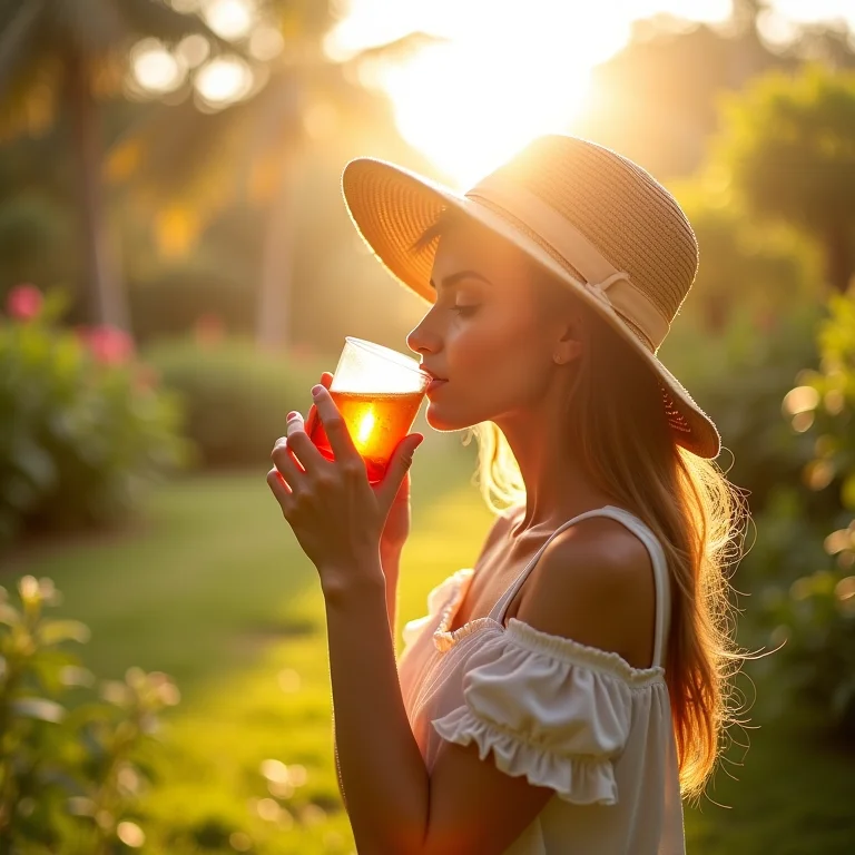 Mulher relaxando em jardim ensolarado enquanto bebe chá de verbena.