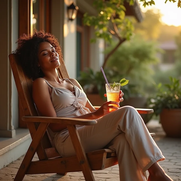 Mulher relaxando em poltrona rústica na varanda ao entardecer