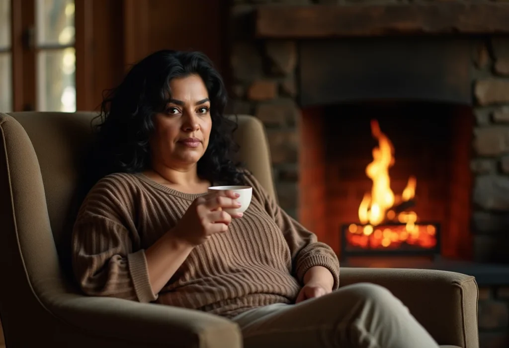 Mulher relaxando perto de lareira rústica