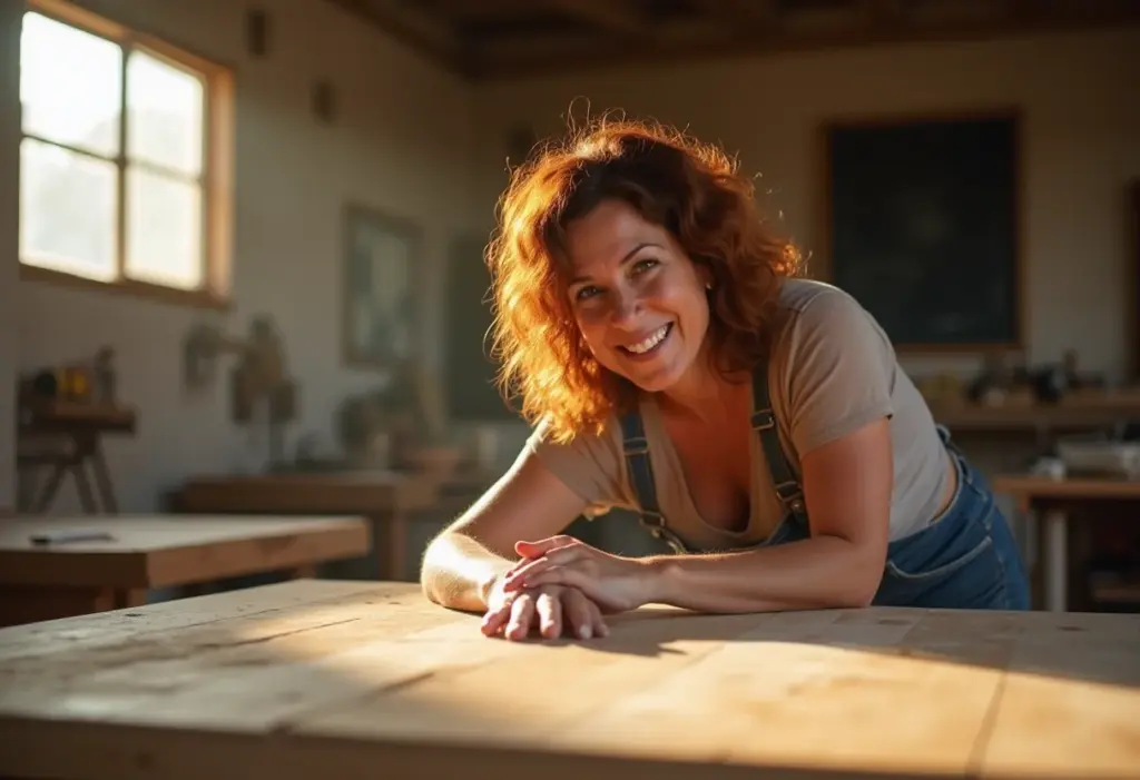 Mulher renovando mesa de madeira com pintura efeito madeira