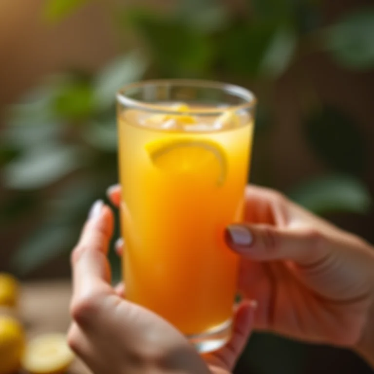 Mulher segurando chá de caju e limão com pele radiante.