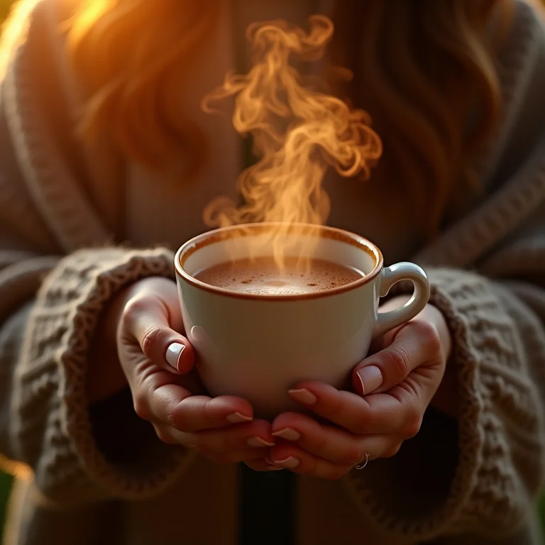 Mulher segurando uma xícara de chá de canela com vapor, cobertor aconchegante na luz dourada.