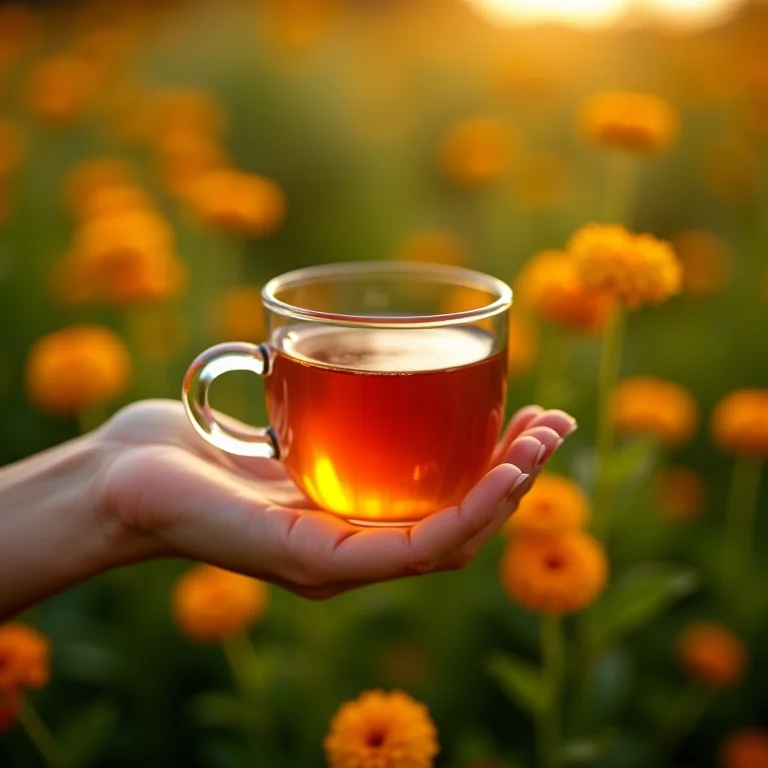 Mulher segurando xícara de chá de calêndula em jardim ensolarado