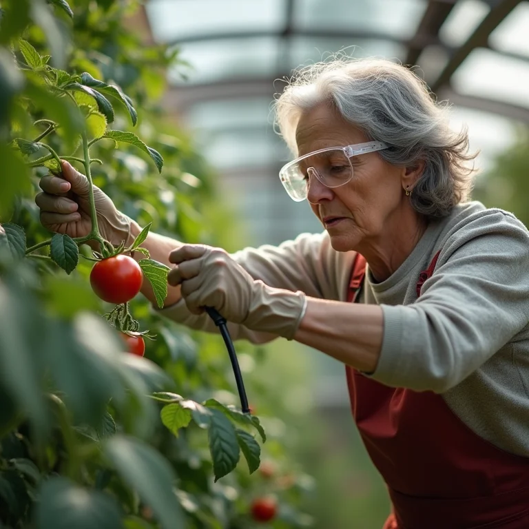 Mulher sênior aplicando controle químico em uma plantação de tomates.