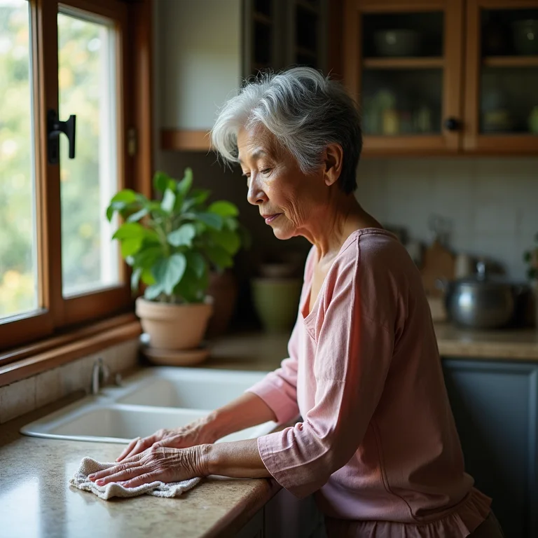 Mulher sênior limpando bancada de pedra sabão