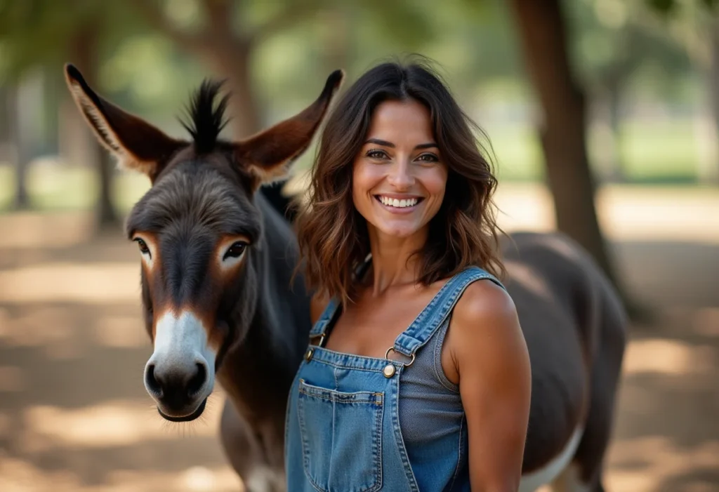 Mulher sorrindo ao lado de burro saudável