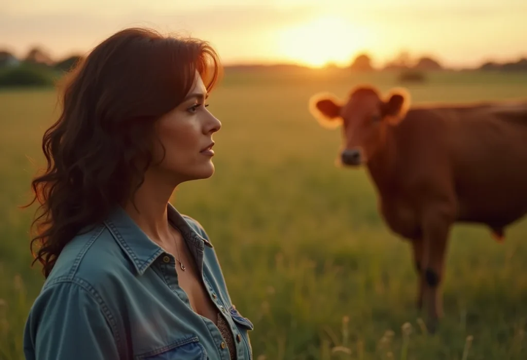 Mulher sorrindo ao lado de gado Girolando em pasto verde