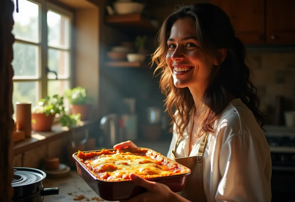 Mulher sorrindo ao retirar lasanha de frango cremosa do forno