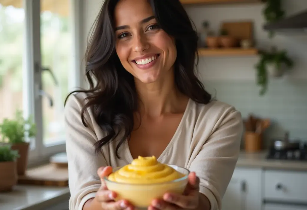 Mulher sorrindo apresenta mousse de maracujá aerada
