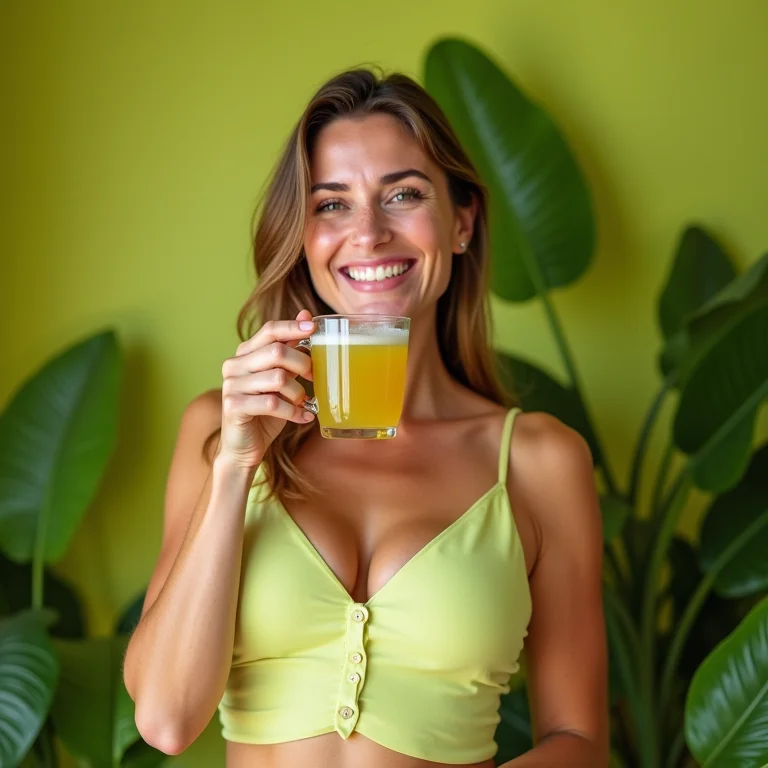 Mulher sorrindo bebendo chá de verbena, associado à perda de peso.