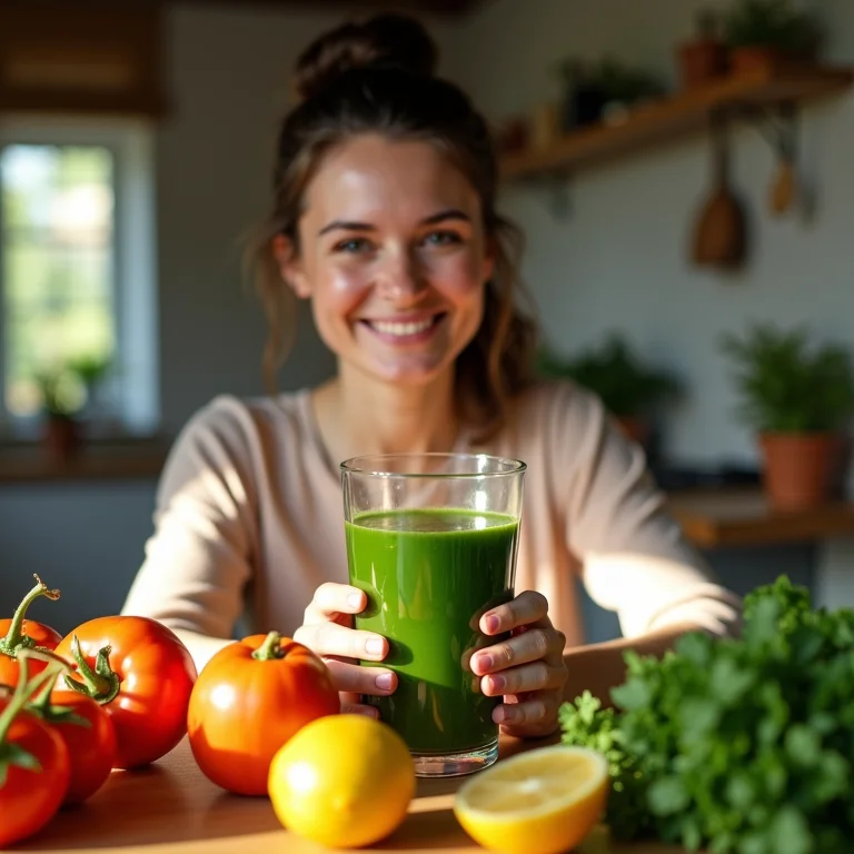 Mulher sorrindo bebendo suco detox.
