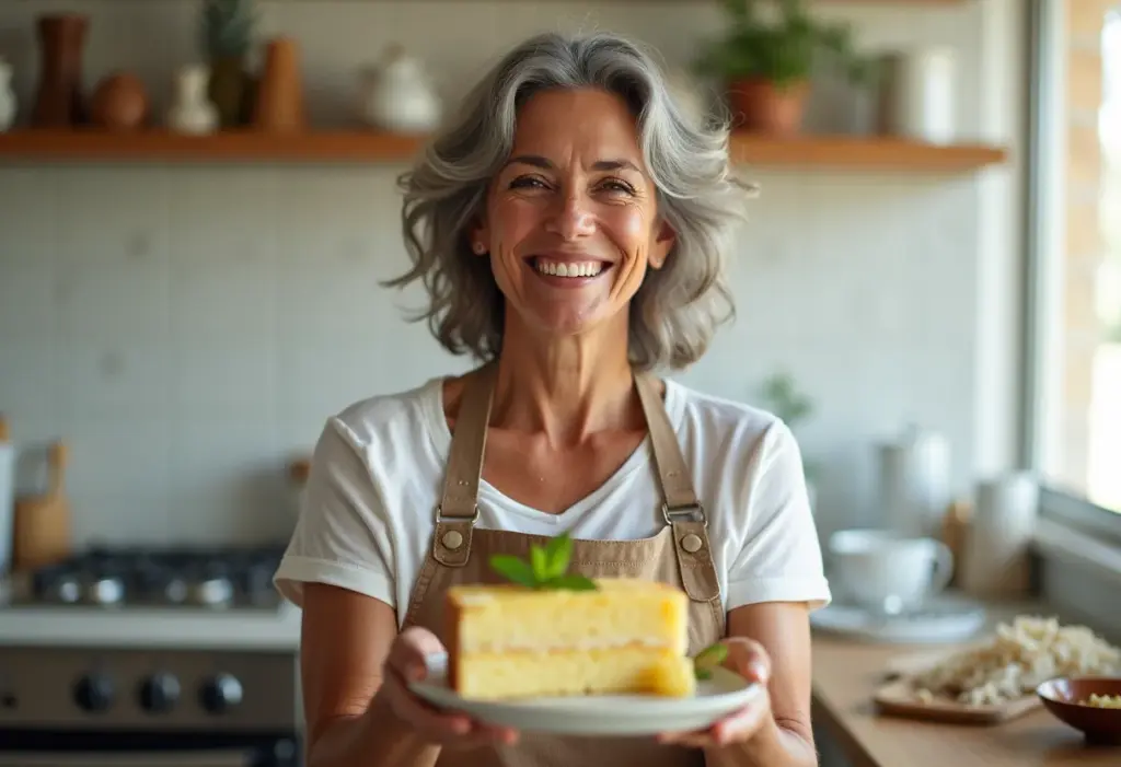 Mulher sorrindo com bolo de abacaxi e hortelã