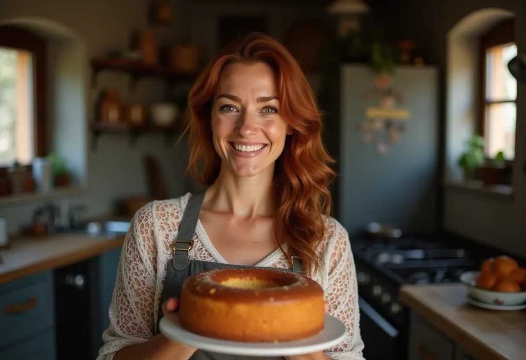 Mulher sorrindo com bolo de baru caseiro