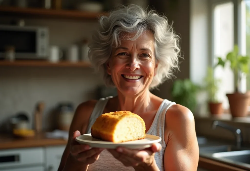 Mulher sorrindo com bolo de fubá com queijo e coco