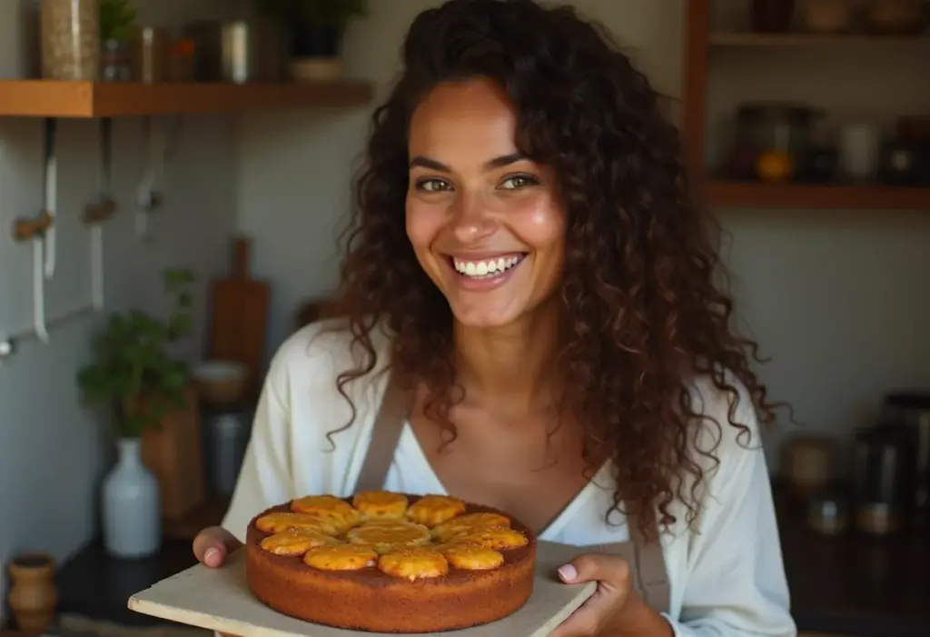 Mulher sorrindo com bolo de maracujá caseiro
