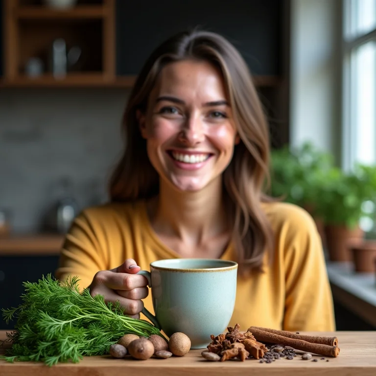 Mulher sorrindo com chá de erva-doce, representando um sistema imunológico forte.