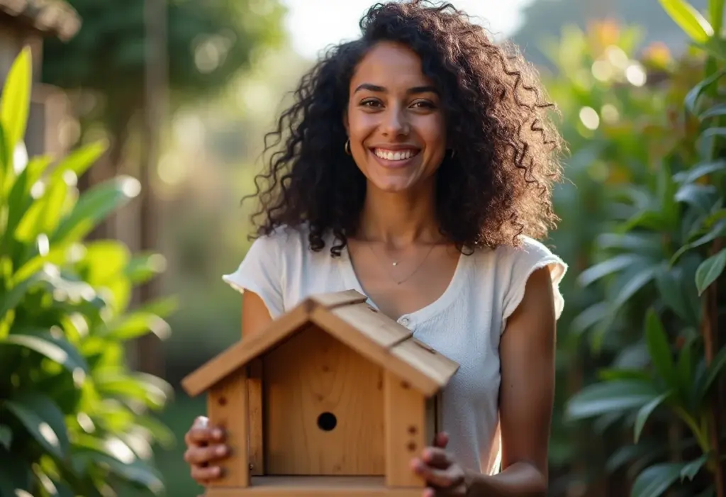 Mulher sorrindo com coelheira de madeira no jardim