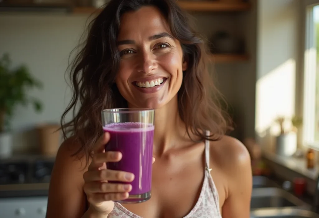Mulher sorrindo com copo de suco de jabuticaba