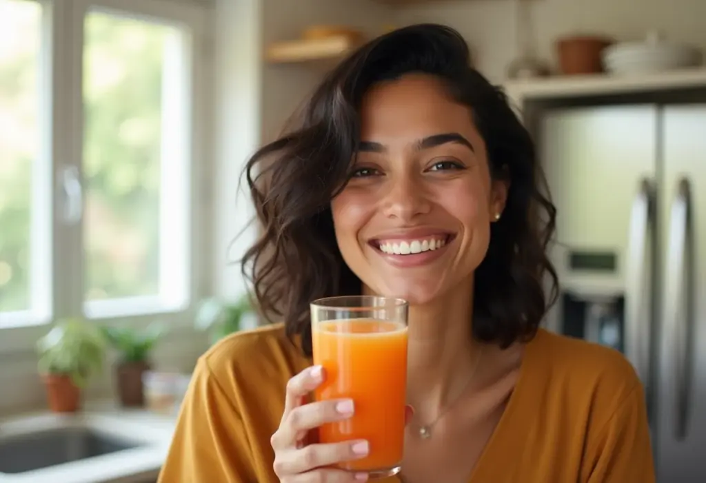 Mulher sorrindo com copo de suco de mamão