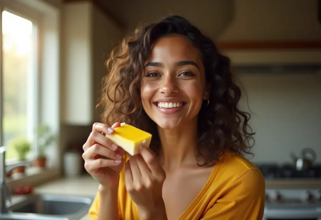 Mulher sorrindo com fatia de torta de limão